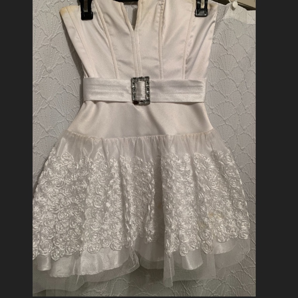 White Jessica McClintock with rosettes on bottom